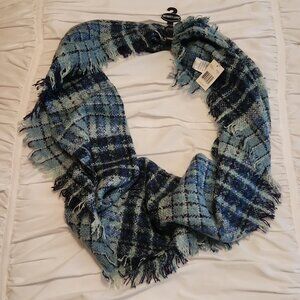 Blue Aqua Plaid Fringe Infinity Scarf NWT